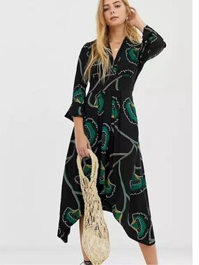ba&sh Lalie Midi Dress V-Neck Long Sleeve Asymmetric Floral Maxi Black
